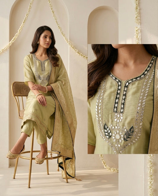 Banarasi Tissue Silk Unstitched Suit Set with Handcrafted Mirror Work Yoke