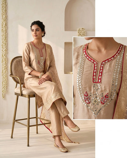 Banarasi Tissue Silk Unstitched Suit Set with Handcrafted Mirror Work Yoke