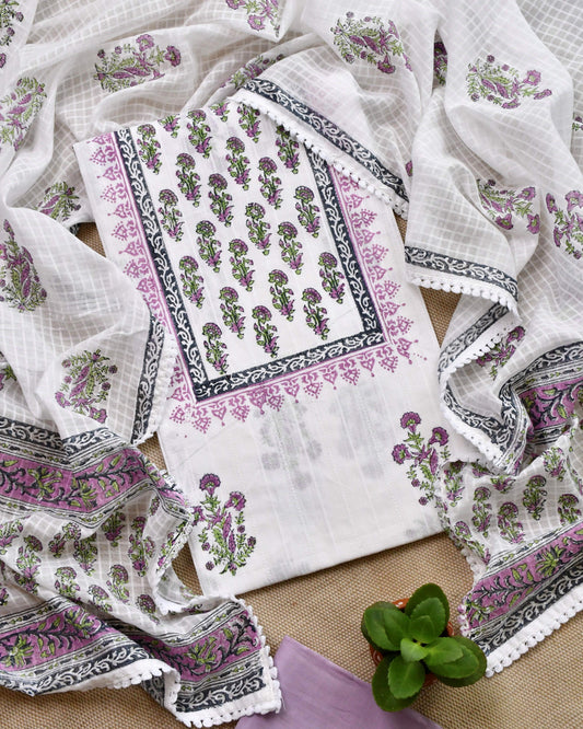 Pure Mulmul Cotton Unstitched Suit Set with Elegant Floral Hand-Block Prints