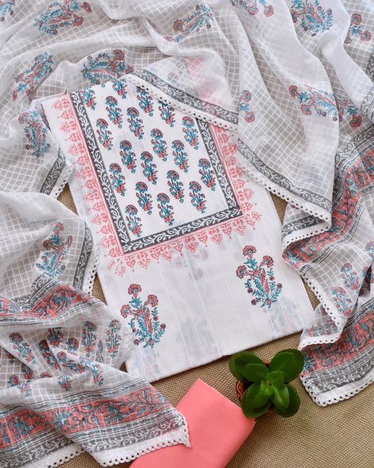 Pure Mulmul Cotton Unstitched Suit Set with Elegant Floral Hand-Block Prints