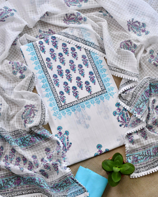 Pure Mulmul Cotton Unstitched Suit Set with Elegant Floral Hand-Block Prints