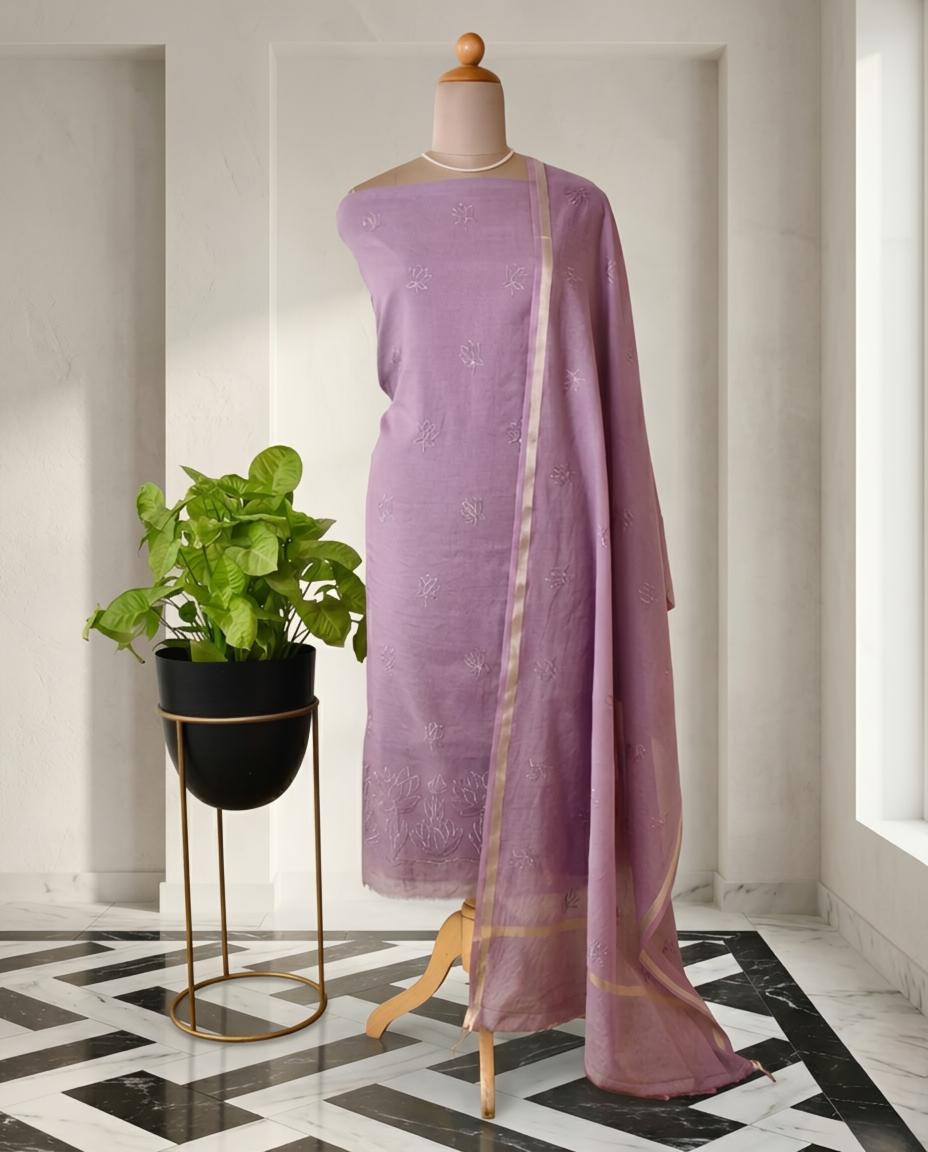 Premium Mul Chanderi Embroidered Unstitched Suit Set with Dupatta