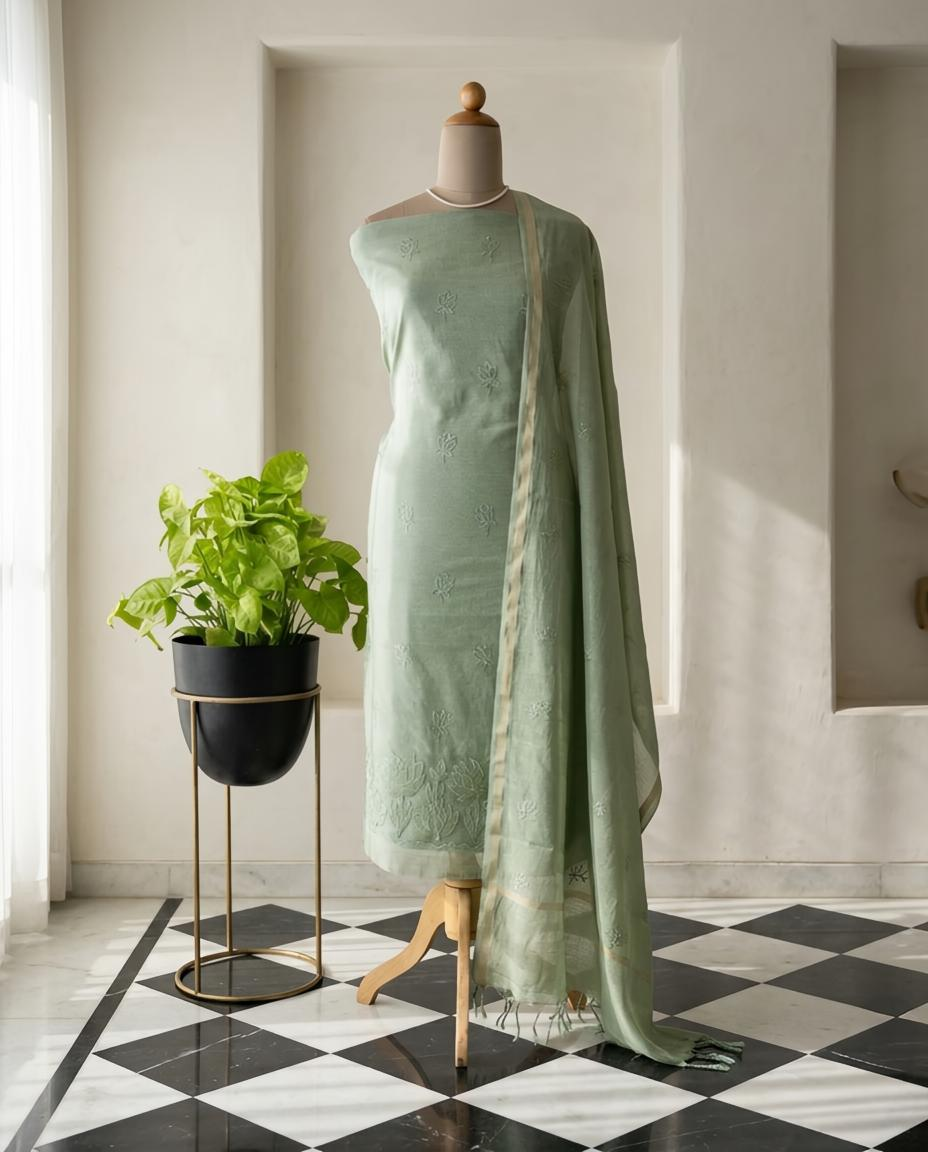 Premium Mul Chanderi Embroidered Unstitched Suit Set with Dupatta