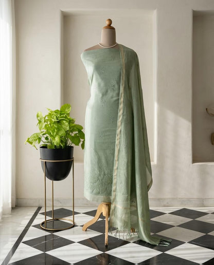 Premium Mul Chanderi Embroidered Unstitched Suit Set with Dupatta
