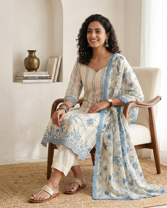 Luxury Mul Chanderi Unstitched Suit Set with Scalloped Lace & Floral Embroidery