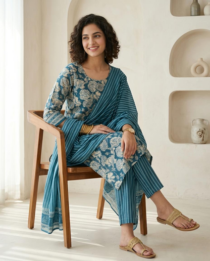 Floral Elegance: Hand Block Printed Mul Cotton Unstitched Suit Set