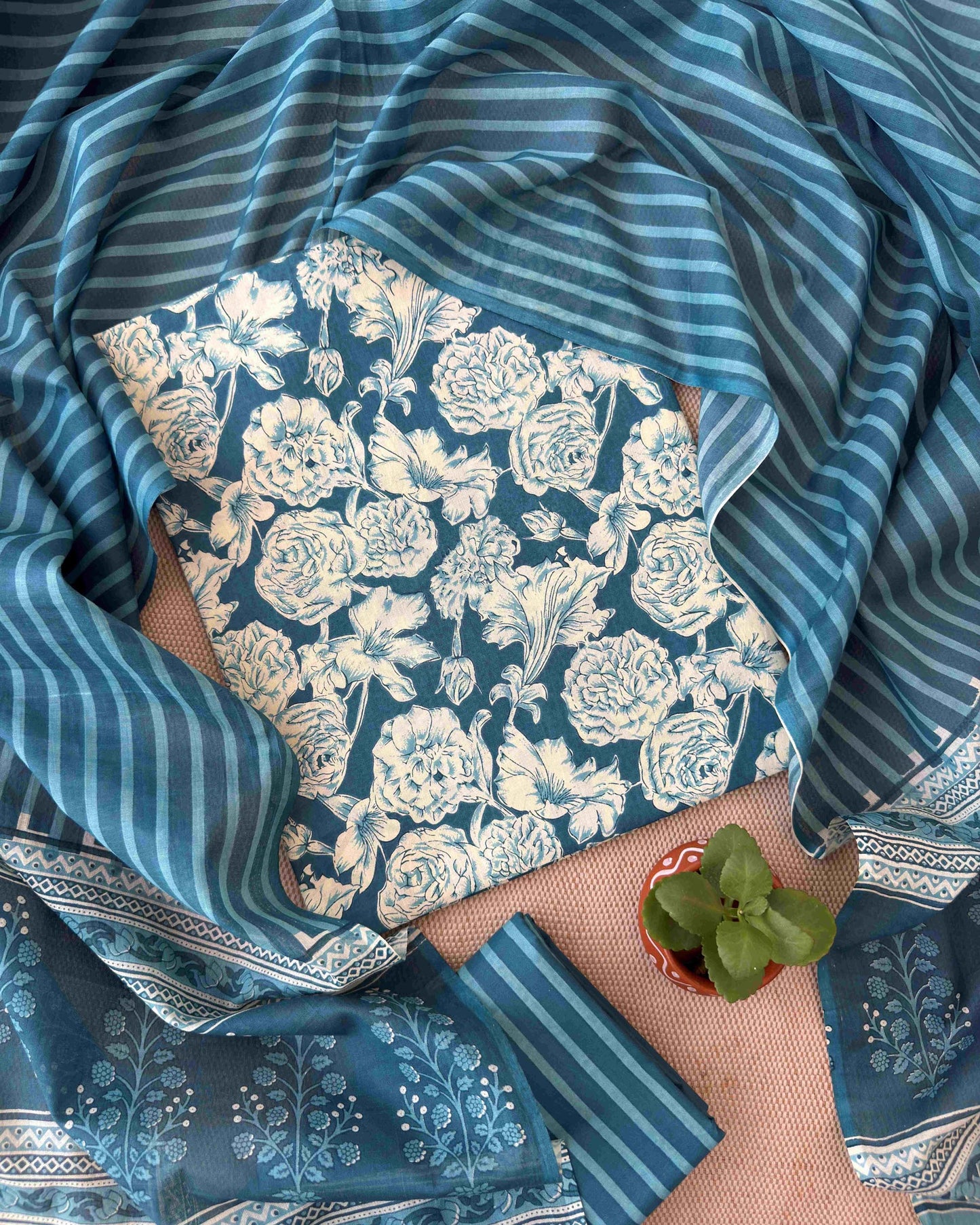 Floral Elegance: Hand Block Printed Mul Cotton Unstitched Suit Set