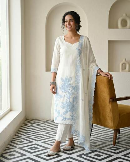 Premium Mul Chanderi Applique Work Unstitched Suit Set