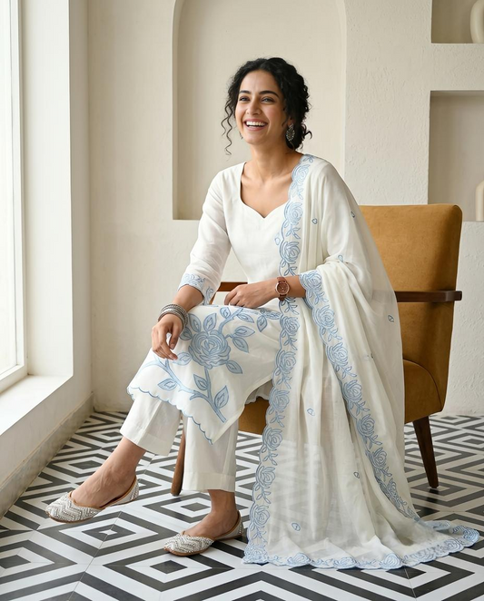 Premium Mul Chanderi Applique Work Unstitched Suit Set