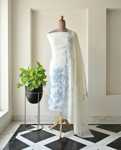 Premium Mul Chanderi Applique Work Unstitched Suit Set