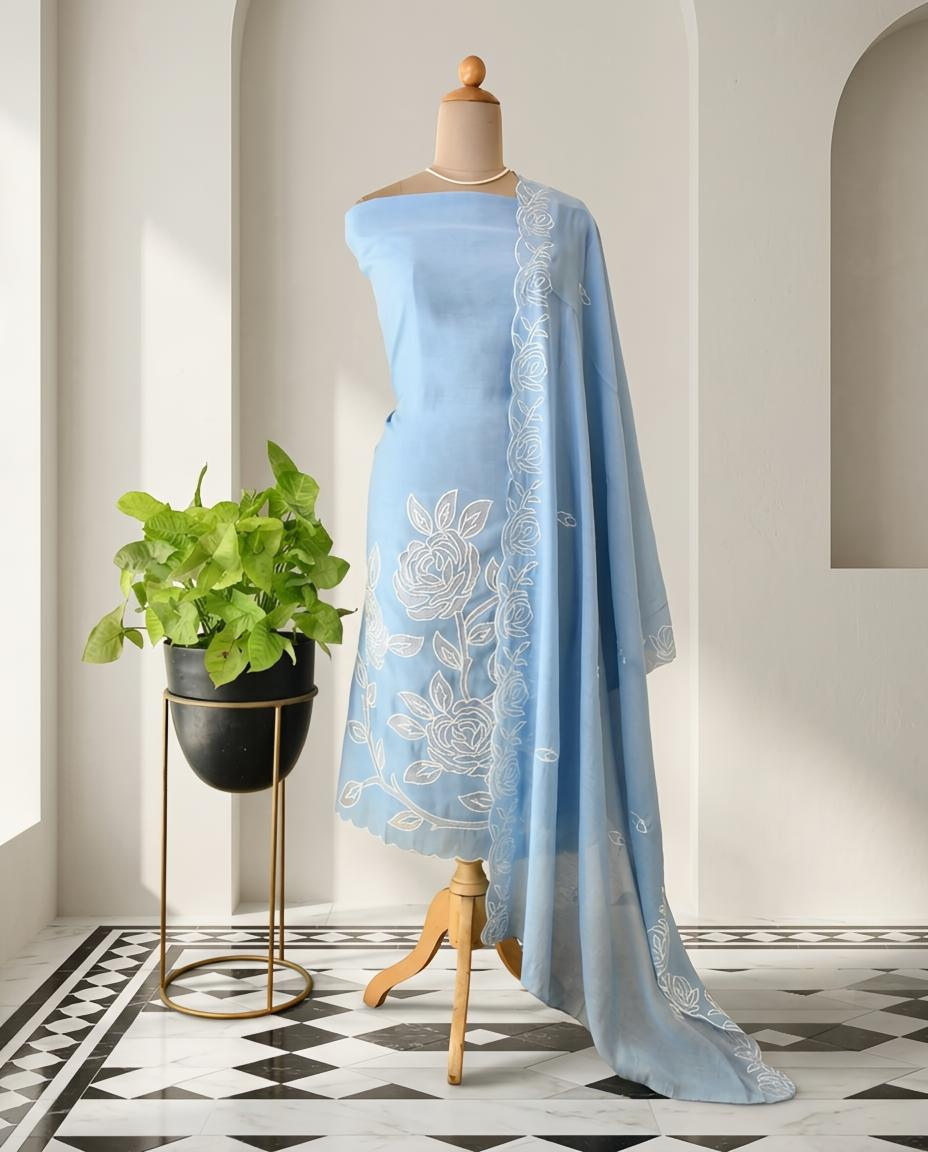 Premium Mul Chanderi Applique Work Unstitched Suit Set