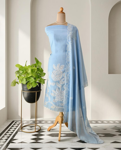 Premium Mul Chanderi Applique Work Unstitched Suit Set