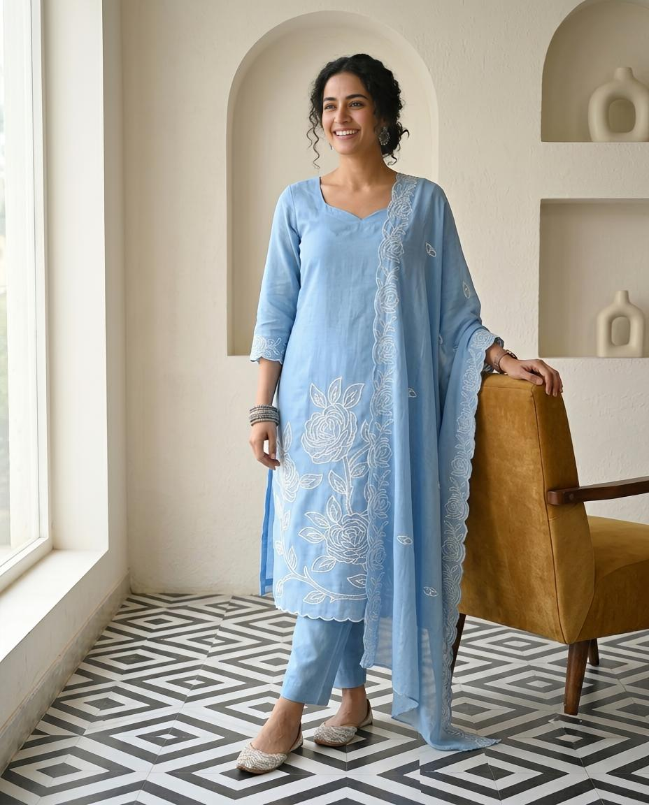 Premium Mul Chanderi Applique Work Unstitched Suit Set