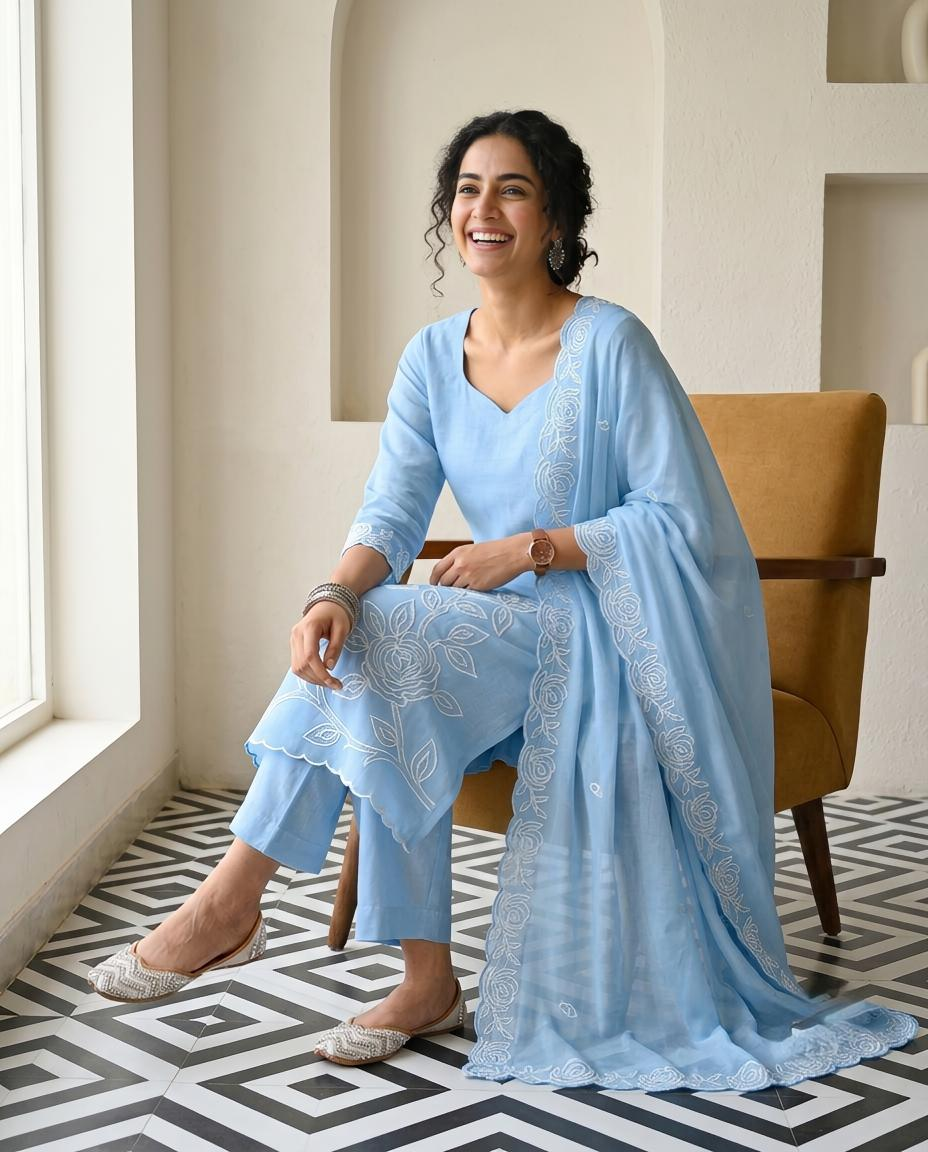 Premium Mul Chanderi Applique Work Unstitched Suit Set