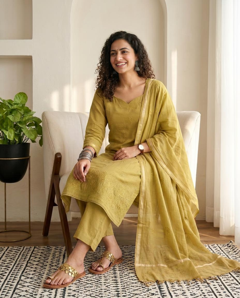 Premium Mul Chanderi Embroidered Unstitched Suit Set with Dupatta