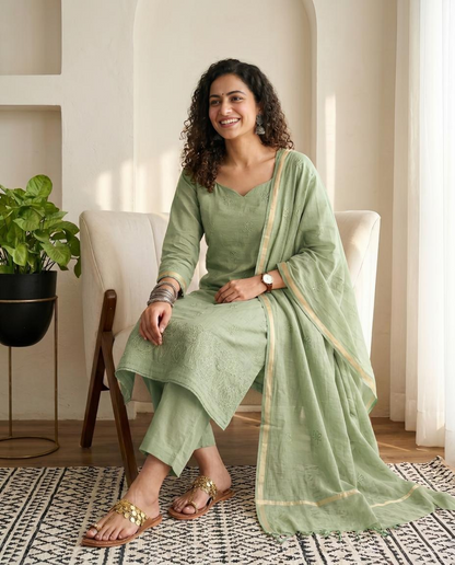 Premium Mul Chanderi Embroidered Unstitched Suit Set with Dupatta