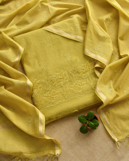 Premium Mul Chanderi Embroidered Unstitched Suit Set with Dupatta
