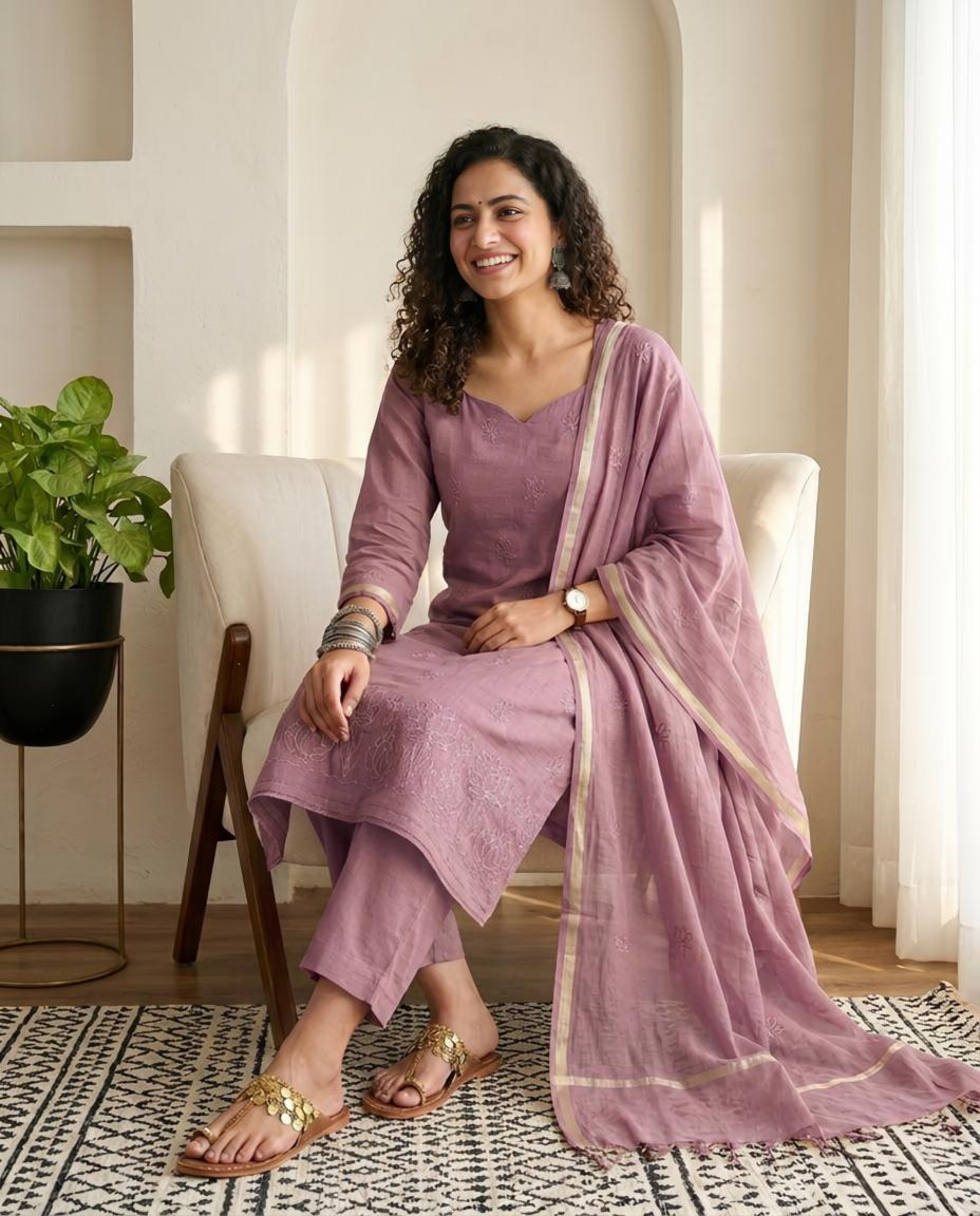 Premium Mul Chanderi Embroidered Unstitched Suit Set with Dupatta