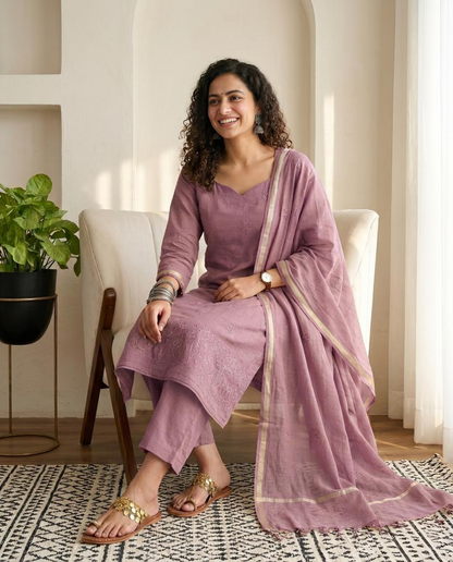 Premium Mul Chanderi Embroidered Unstitched Suit Set with Dupatta