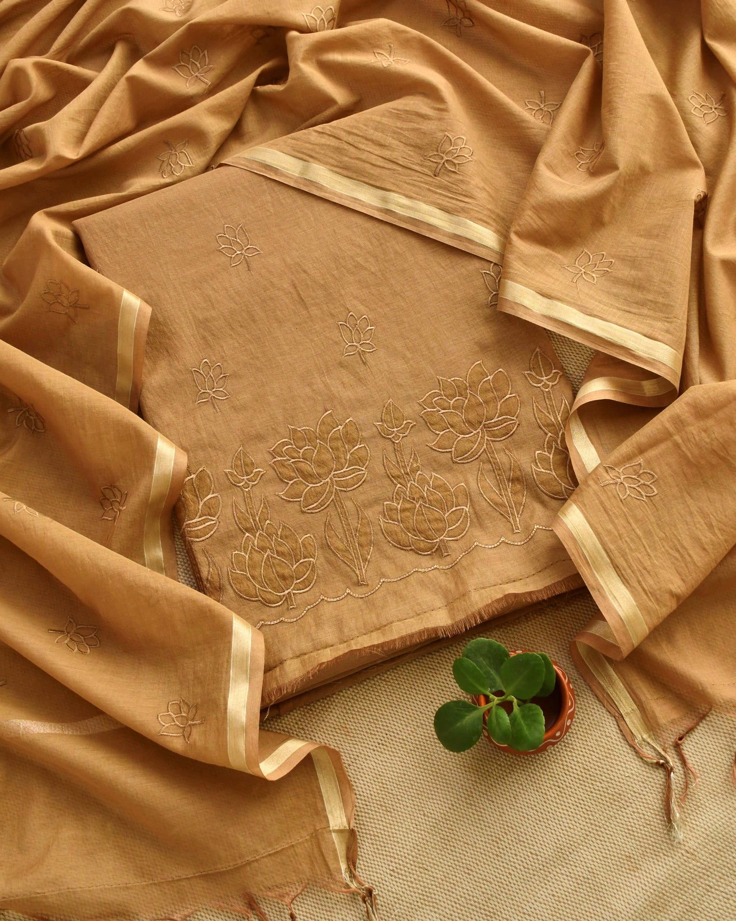 Premium Mul Chanderi Embroidered Unstitched Suit Set with Dupatta