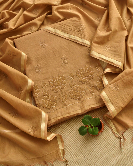 Premium Mul Chanderi Embroidered Unstitched Suit Set with Dupatta