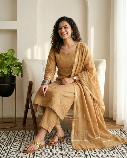 Premium Mul Chanderi Embroidered Unstitched Suit Set with Dupatta