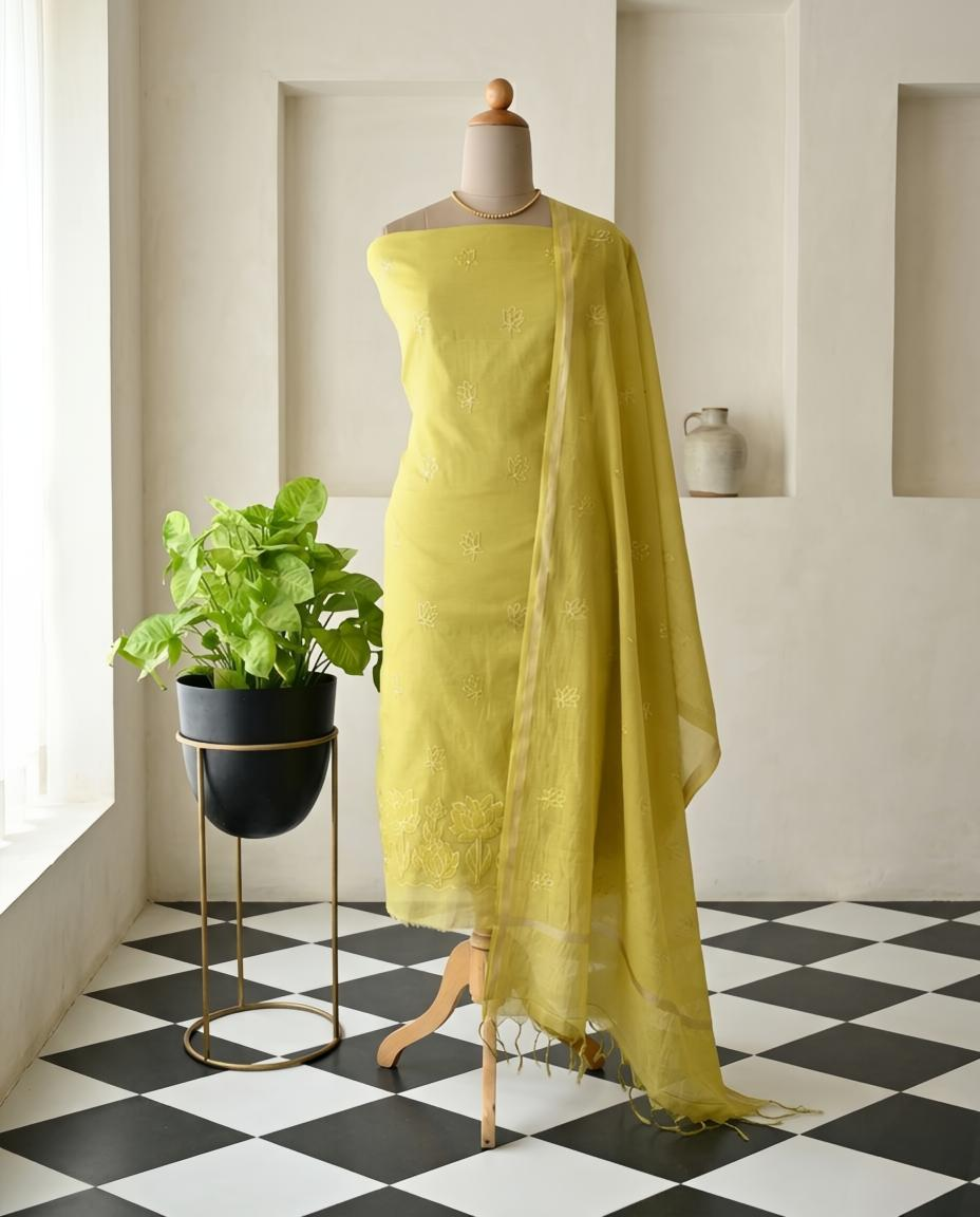 Premium Mul Chanderi Embroidered Unstitched Suit Set with Dupatta