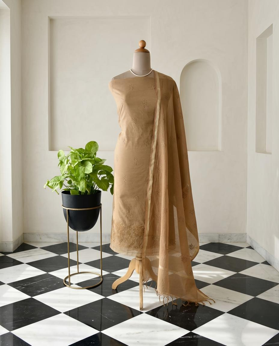 Premium Mul Chanderi Embroidered Unstitched Suit Set with Dupatta