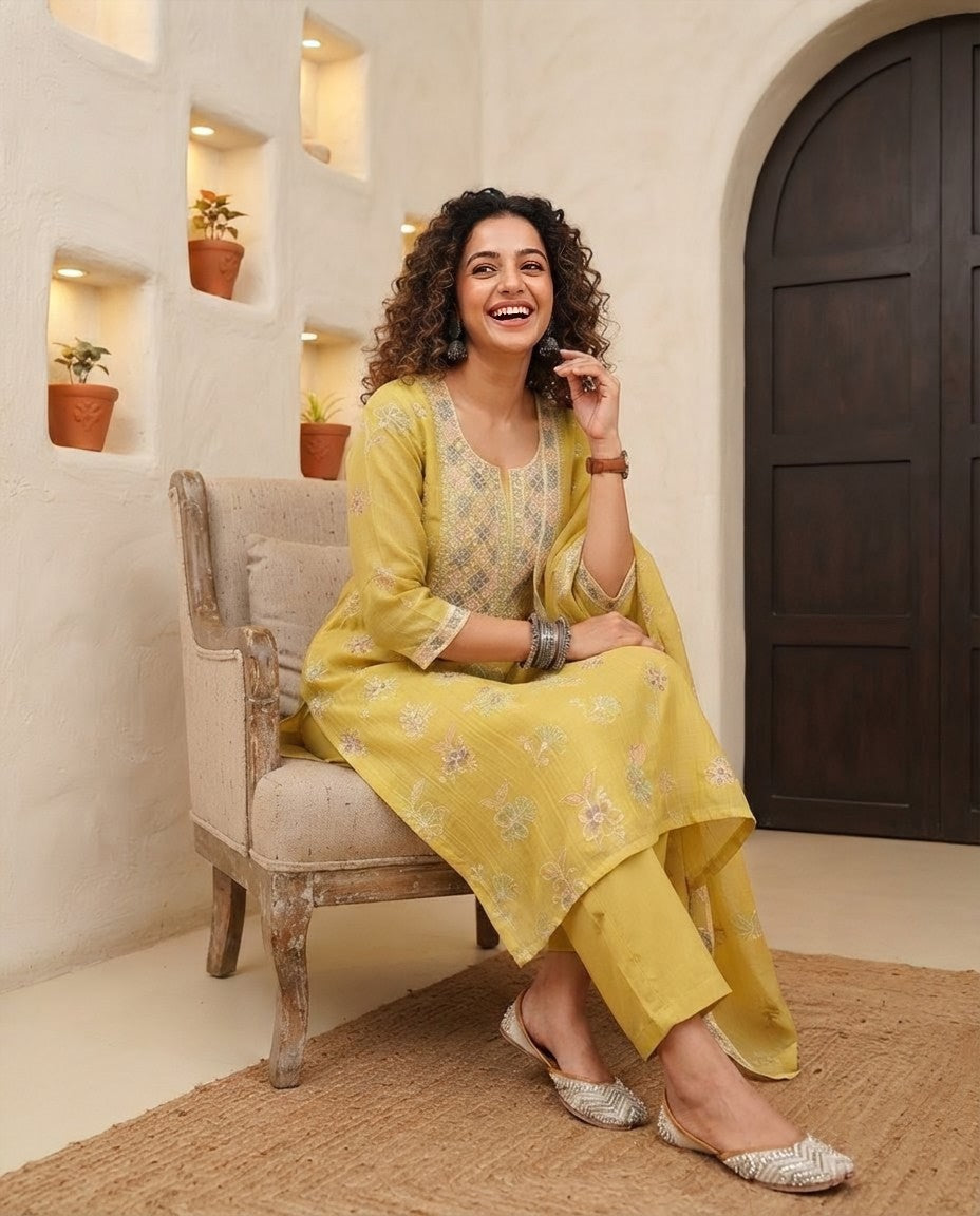 Banarasi Handloom Mul Chanderi Embroidered Unstitched Suit Set
