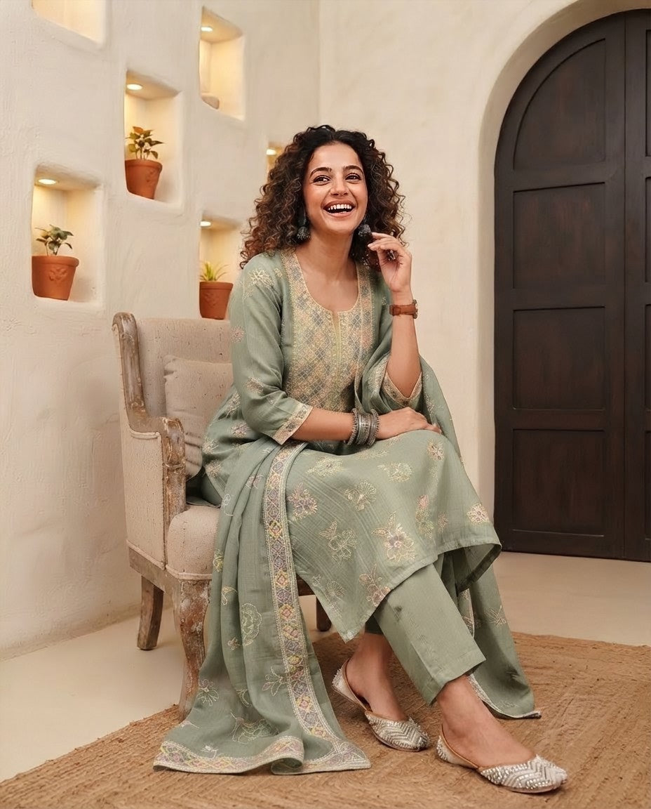 Banarasi Handloom Mul Chanderi Embroidered Unstitched Suit Set
