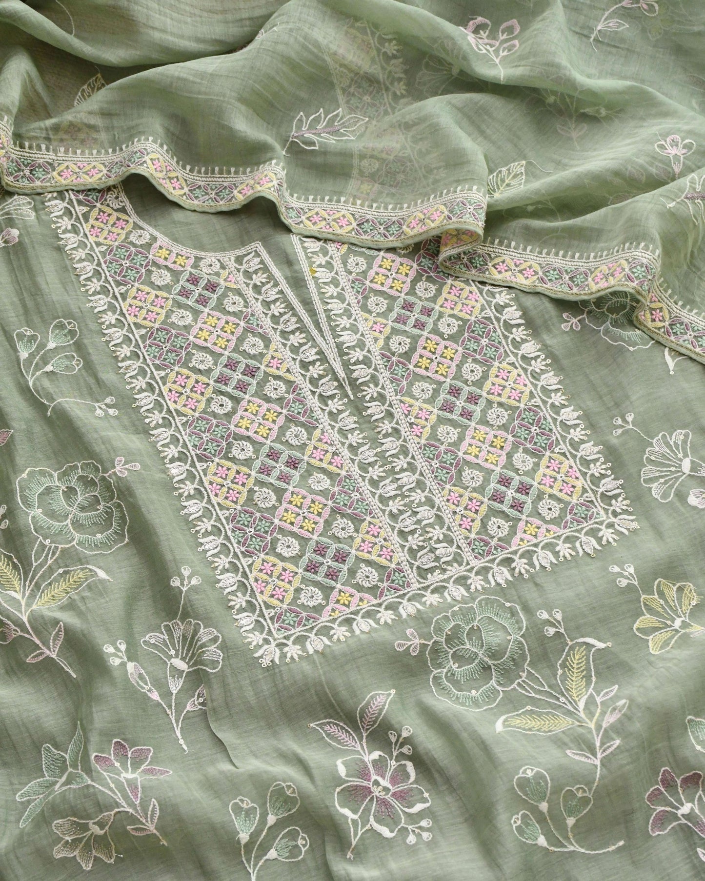 Banarasi Handloom Mul Chanderi Embroidered Unstitched Suit Set