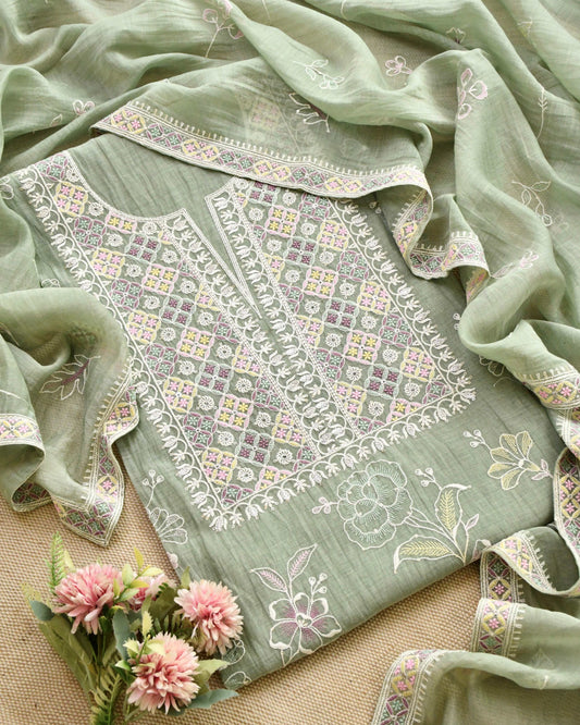 Banarasi Handloom Mul Chanderi Embroidered Unstitched Suit Set