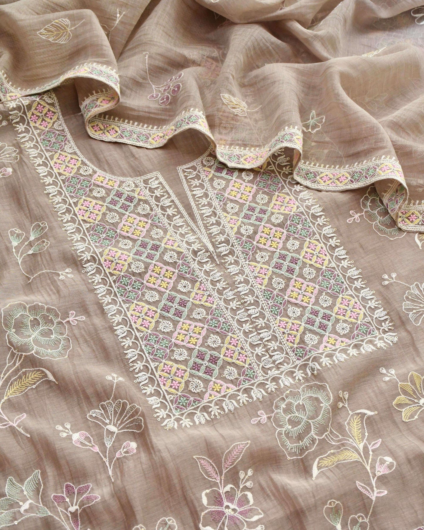 Banarasi Handloom Mul Chanderi Embroidered Unstitched Suit Set