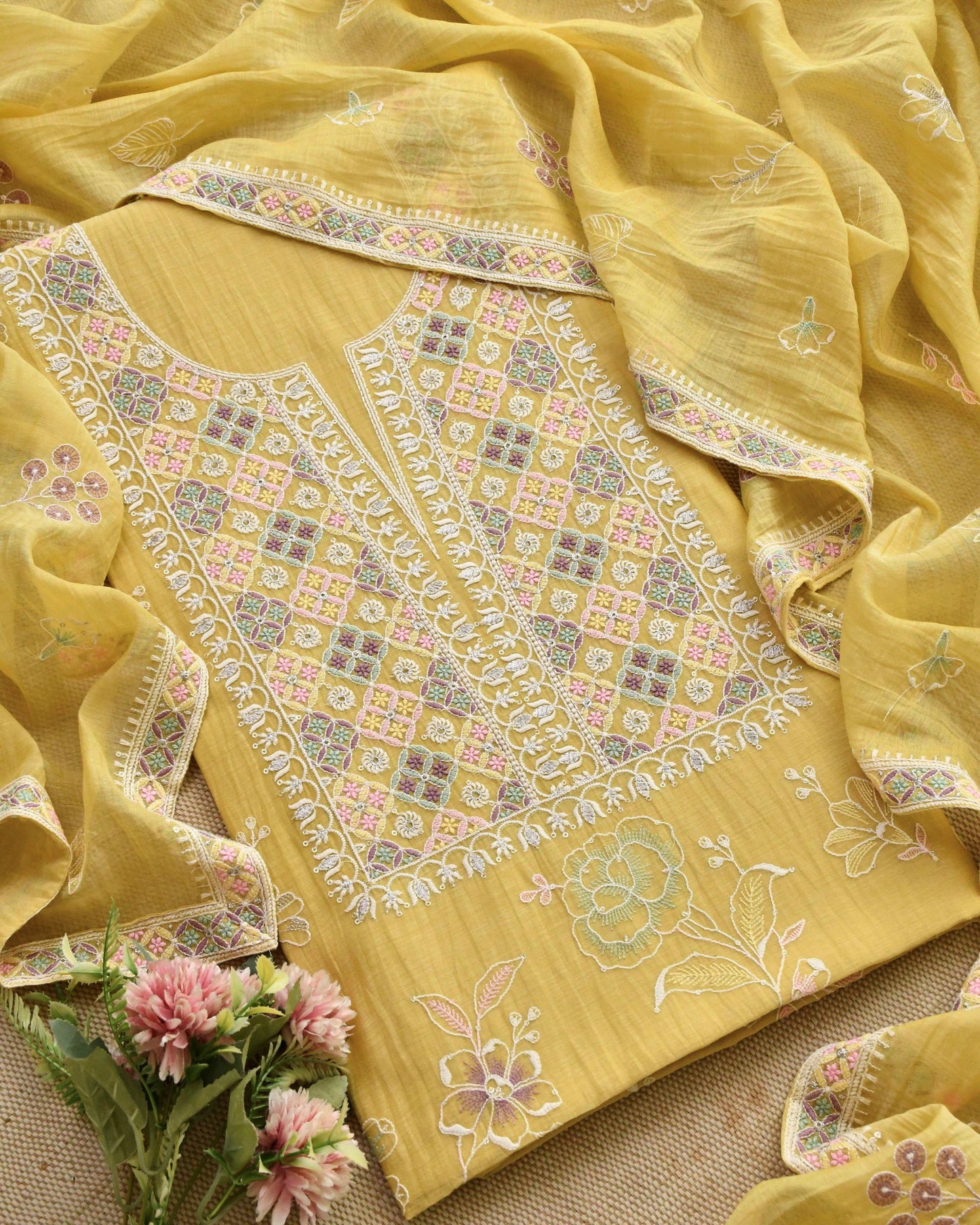 Banarasi Handloom Mul Chanderi Embroidered Unstitched Suit Set