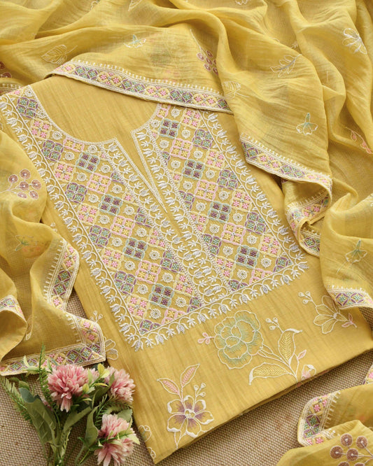 Banarasi Handloom Mul Chanderi Embroidered Unstitched Suit Set