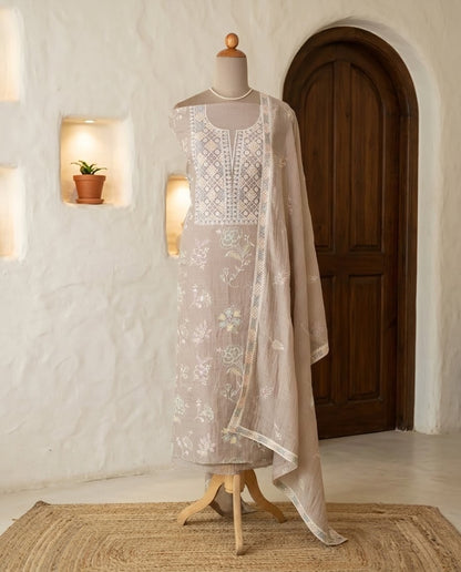 Banarasi Handloom Mul Chanderi Embroidered Unstitched Suit Set