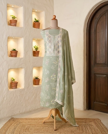 Banarasi Handloom Mul Chanderi Embroidered Unstitched Suit Set