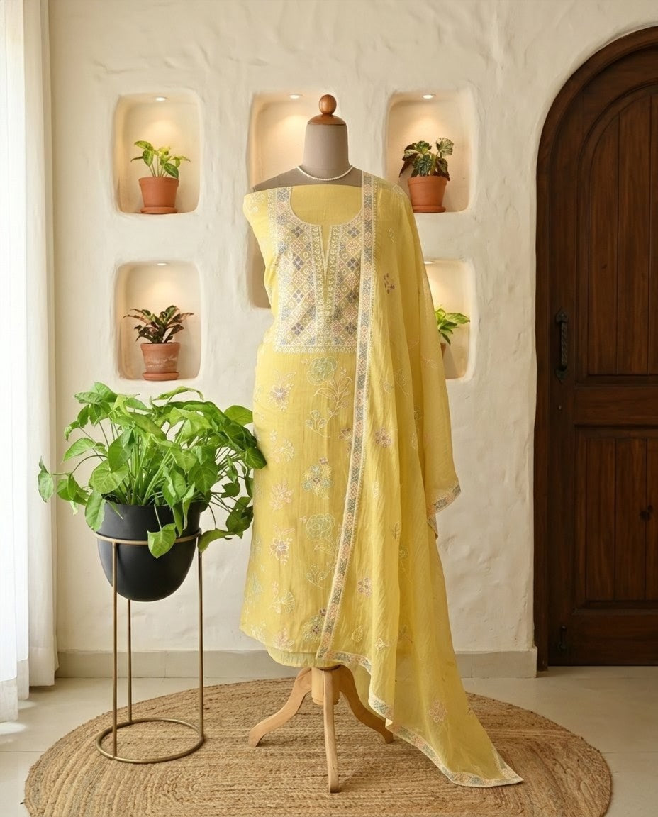 Banarasi Handloom Mul Chanderi Embroidered Unstitched Suit Set
