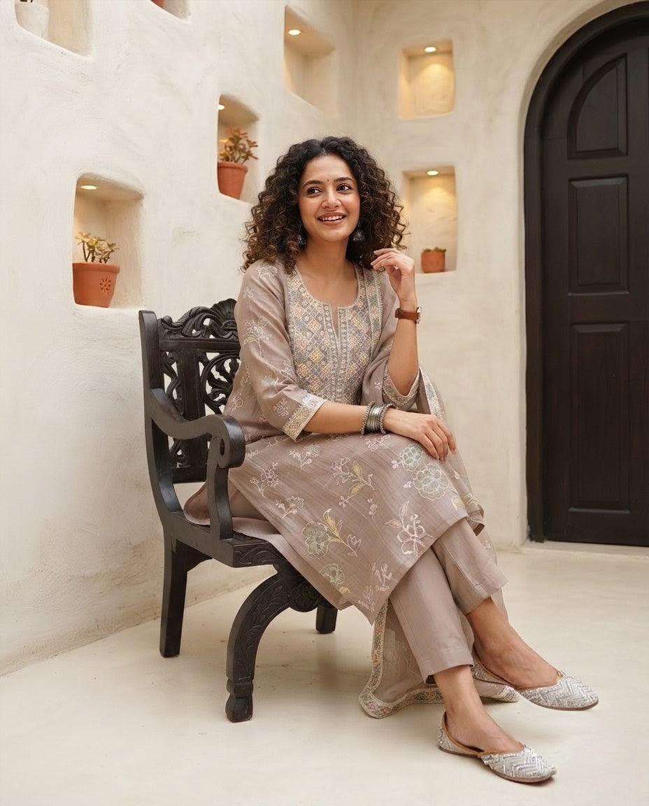Banarasi Handloom Mul Chanderi Embroidered Unstitched Suit Set