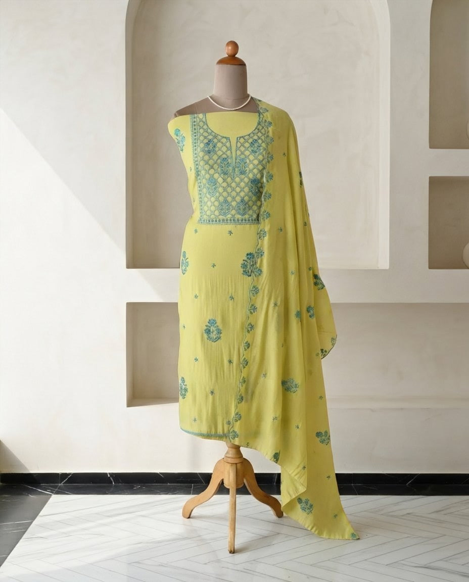 Mul Chanderi Unstitched Suit Set with Chikankari Inspired Embroidery & Dupatta