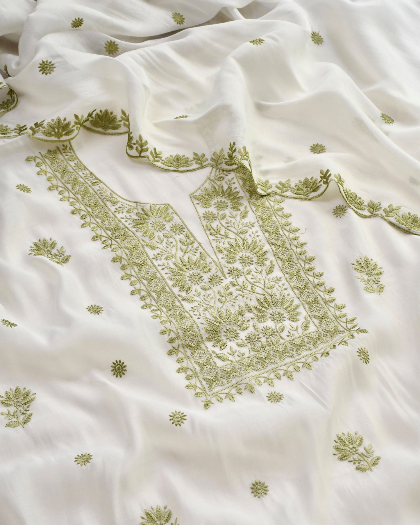 Mul Chanderi Unstitched Suit Set with Chikankari Inspired Embroidery & Dupatta