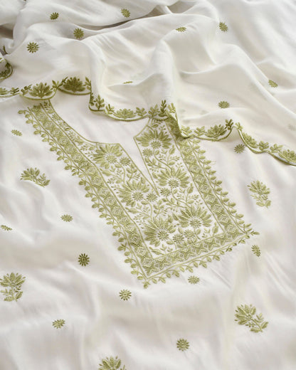 Mul Chanderi Unstitched Suit Set with Chikankari Inspired Embroidery & Dupatta