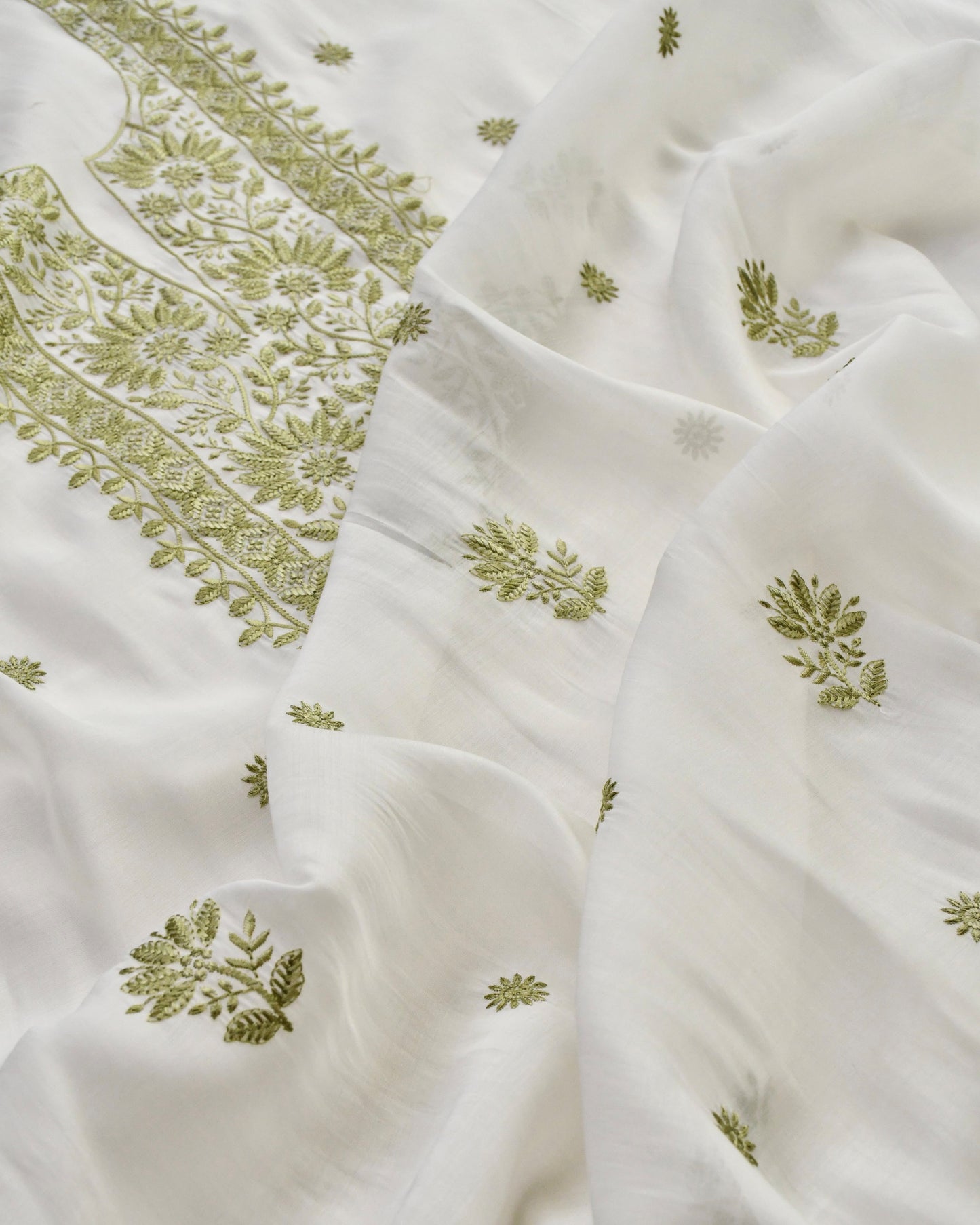 Mul Chanderi Unstitched Suit Set with Chikankari Inspired Embroidery & Dupatta