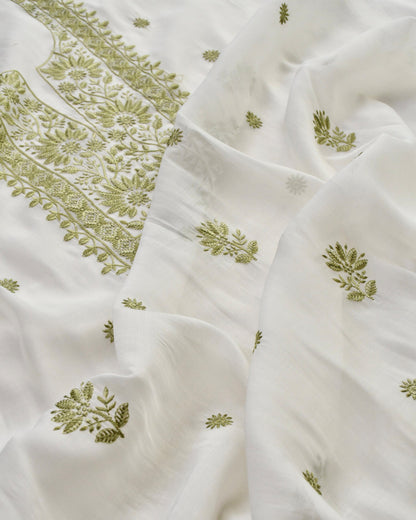 Mul Chanderi Unstitched Suit Set with Chikankari Inspired Embroidery & Dupatta
