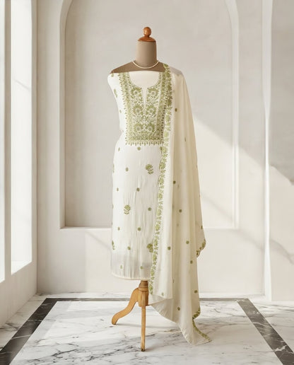Mul Chanderi Unstitched Suit Set with Chikankari Inspired Embroidery & Dupatta