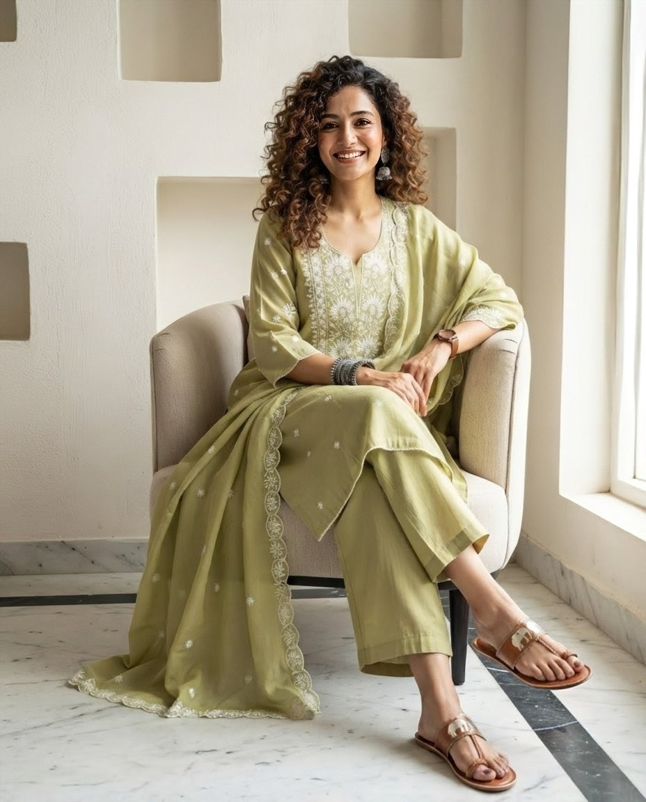 Mul Chanderi Unstitched Suit Set with Chikankari Inspired Embroidery & Dupatta