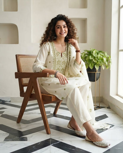 Mul Chanderi Unstitched Suit Set with Chikankari Inspired Embroidery & Dupatta