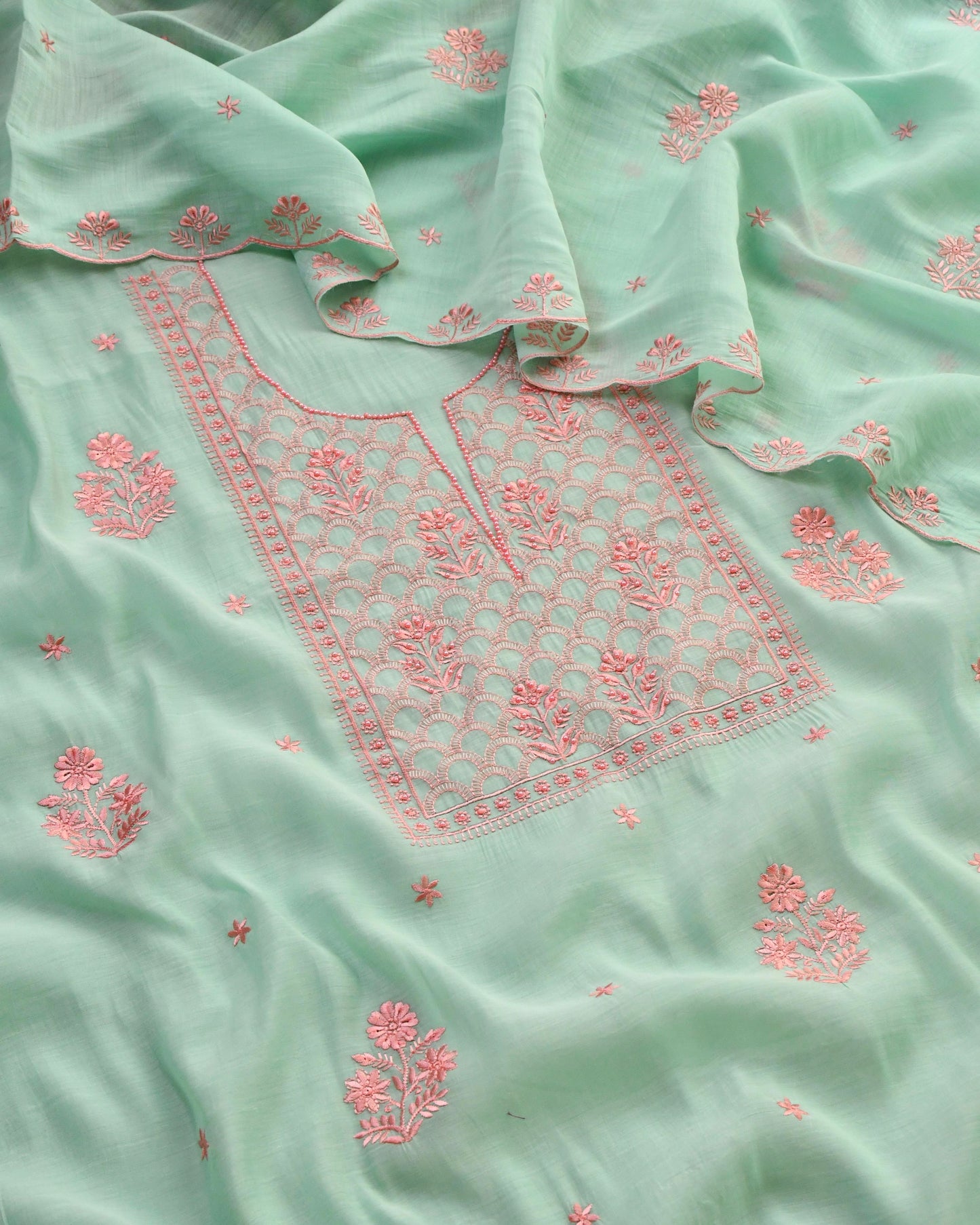 Mul Chanderi Unstitched Suit Set with Chikankari Inspired Embroidery & Dupatta