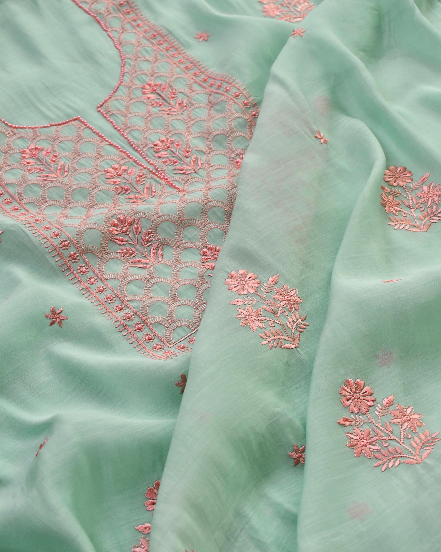 Mul Chanderi Unstitched Suit Set with Chikankari Inspired Embroidery & Dupatta