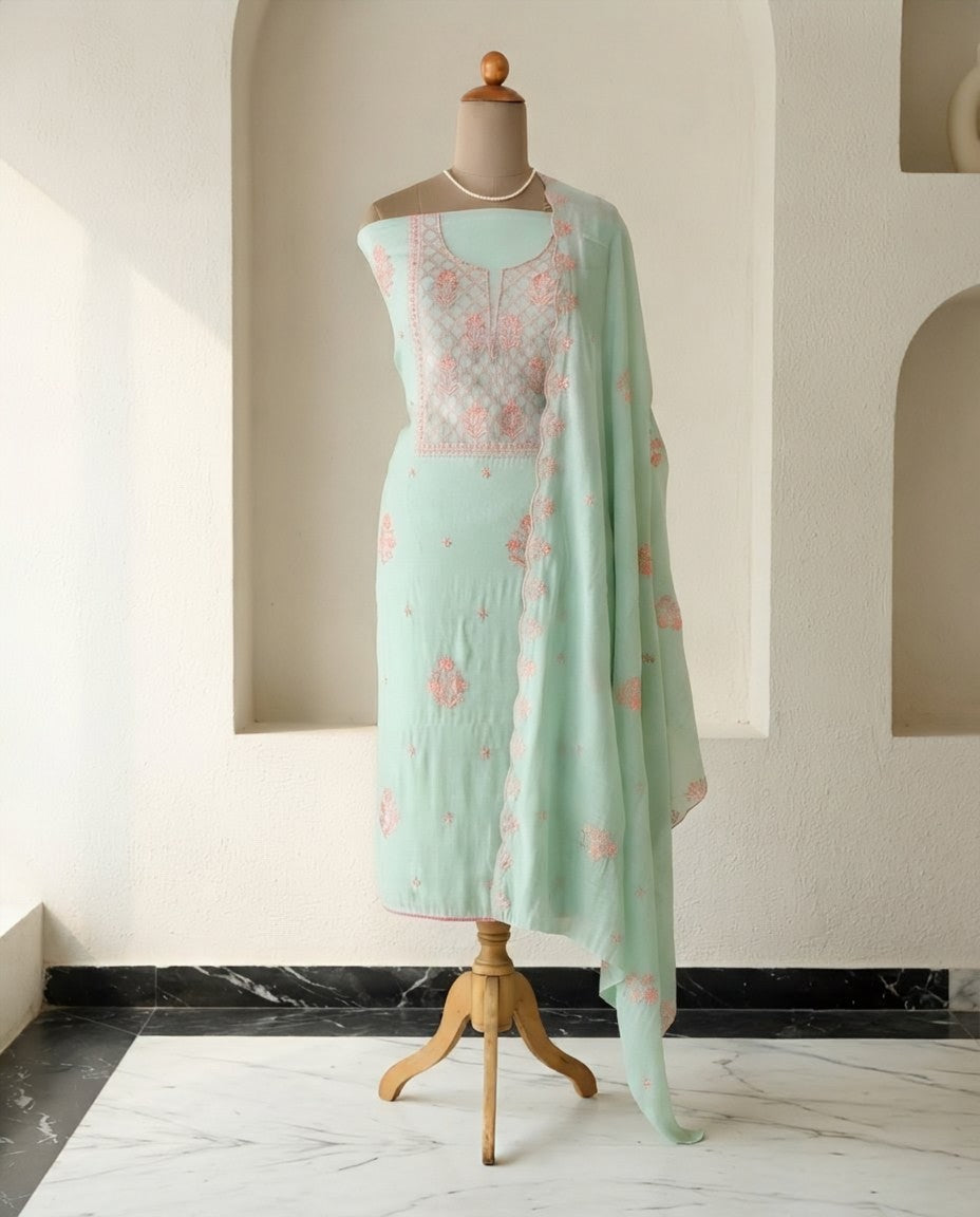 Mul Chanderi Unstitched Suit Set with Chikankari Inspired Embroidery & Dupatta